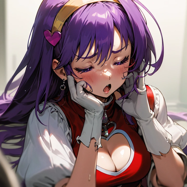 close up, head shot, from front, (masterpiece), (best quality), (ultra-detailed), intricate detail, athena97, 1girl, solo, purple eyes, purple hair, long hair, white earrings, yellow hairband, red heart ornament, medium breats, red vest, white turtleneck, white puffy sleeves, purple sphere shape necklace, white fingerless gloves, photography, (suffering, struggling, pain, moaning),cleavage cutout, blurry background, on back, :o, dirty, torn clothes, closed eyes, tearing up, sweat
