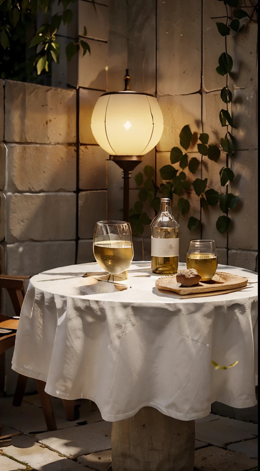 Close-up of the scene，scene capture，photore，tmasterpiece，In Park，Outdoor dining table，a desk，A few chairs，(( bottle of white wine on table ))，goblet，Various desserts，During the day，bare sycamore tree，Decorative lanterns，Winter sun，winter plants，Winters，There is snow on the ground，c4d，Empty product display scene，Front view，first person perspective，Head-up shooting，Real-world scenarios，without humans