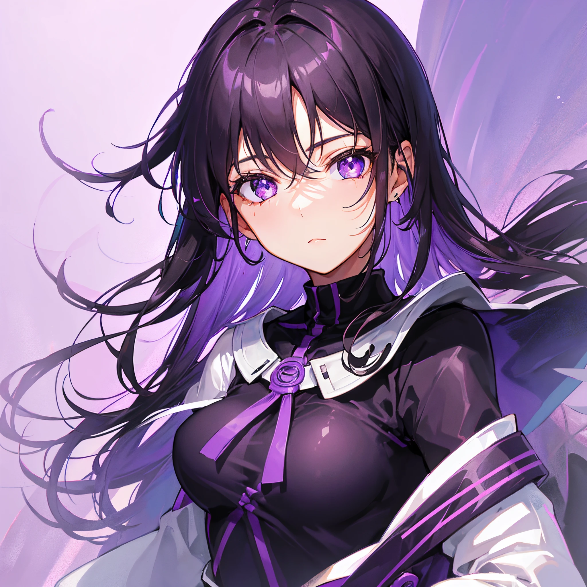 girl with,Dark hair,Purple eyes,Bright background