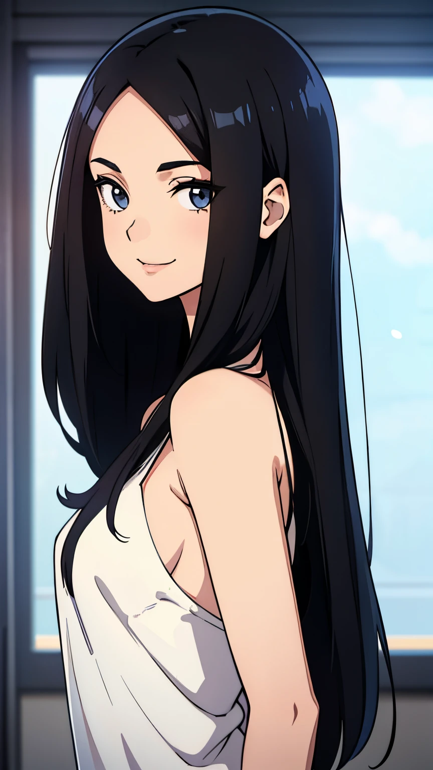 One girl with black hair, hair lenght until bust, straight hair, hair parted in center of head, round face. hairstyle with a center part, that the hair should be parted down the middle, creating a symmetrical look without any frontal hair covering the forehead. Looking straight, looking at viewer. Smiling. Solo, one girl. Looking straight, straight. Straight pose.