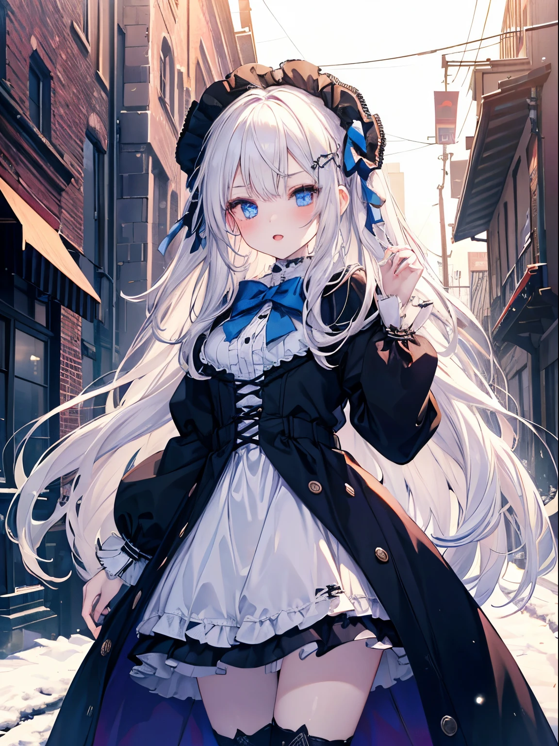 masutepiece, Highest Quality, (Perfect face:1.1), (high detailing:1.1), (ultradetailed eyes), Dramatic, superfine illustration, Extremely detailed, 1girl in, (pale skin), long white hair, Ethereal eyes, Blue eyes,tareme, (light eyebrow),blush,Solo,Smile, Happy, Laugh, Enjoy, Open mouth, Pouty lips,Cinematic lighting, Looking at Viewer,Cowboy Shot,Winters,Snow,Long sleeve, Gothic ta, frilld, bow ribbon,Head dress, knee high socks, long coat ,street