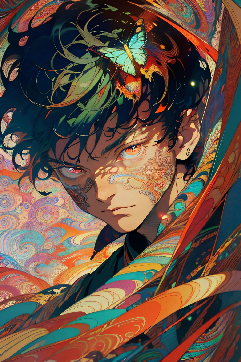 Realistic, (masterpiece, top quality, best quality, official art), very detailed, fractal art, colorful, most detailed, zentangle, god, short hair, (glowing red eyes), mysterious, (magic), handsome man, Lycoris radiata, butterfly