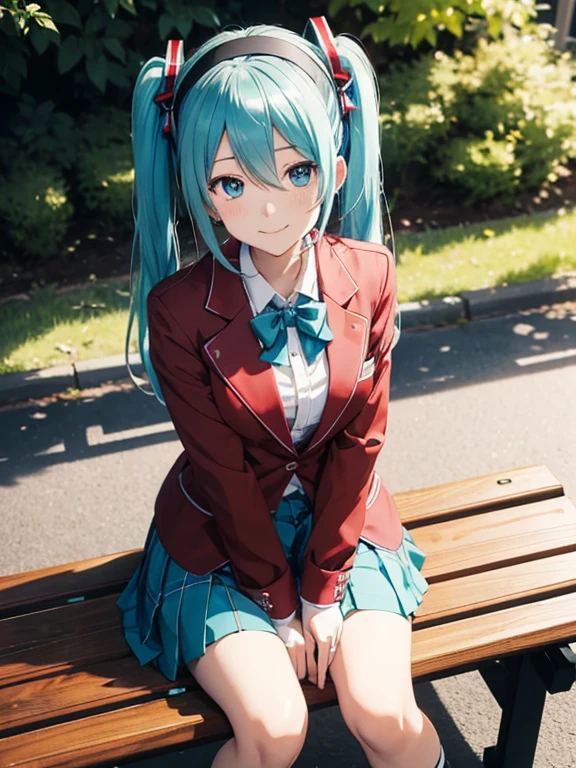 miku hatsune,masutepiece, Best Quality, hight resolution, white hairband, blue bowtie, Collared shirt, Red Blazer, Red jacket, Long sleeves, red and green checked skirt, Pleated skirt, Black socks, Sitting, Benches, crossed legs, Outdoors, Serious,look into my eyes and smile