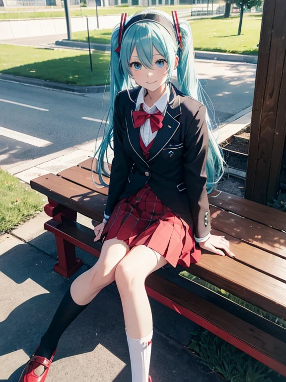 miku hatsune,masutepiece, Best Quality, hight resolution, white hairband, blue bowtie, Collared shirt, Red Blazer, Red jacket, Long sleeves, red and green checked skirt, Pleated skirt, Black socks, Sitting, Benches, crossed legs, Outdoors, Serious,look into my eyes and smile