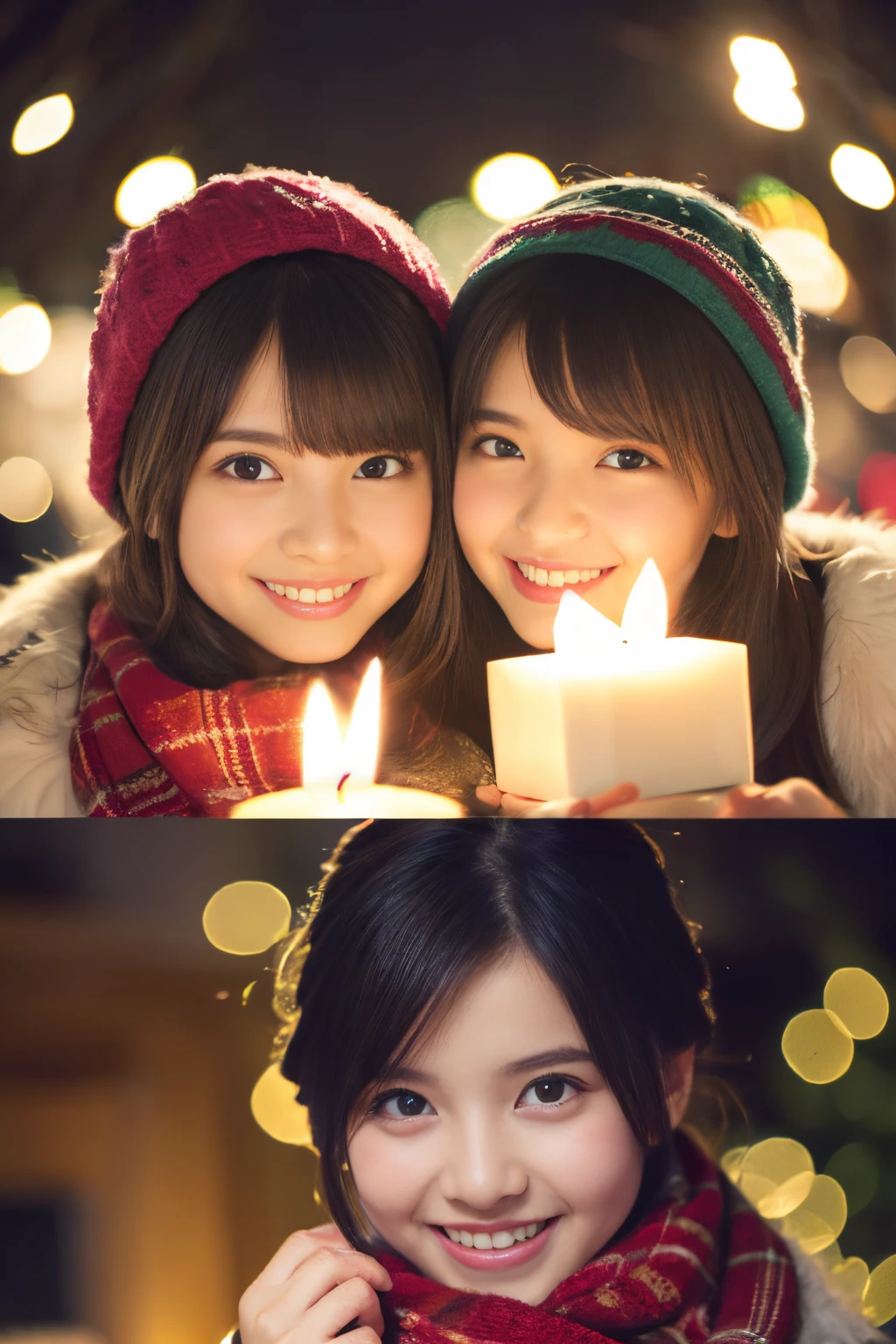 (Best Quality,Photorealistic,hight resolution),2girls,Beautiful detailed eyes,Beautiful detailed lips,Smiling,Laughing,Cute,Christmas Eve,Happy,having fun,Winters,Joyful,excited,Twinkling lights,Decorated Christmas Tree,clew,cosy atmosphere,Warm fireplace,magical moments,sparkling stars,Glowing candles,snowflakes falling,ground covered with soft snow,colorful holiday decorations,red and green colors,Elegant dresses,Fluffy scarves,Happy memories,cherish sisterhood,love and laughter、12-year-old sisters、a baby face、childish、Looking at the camera、Present Box、