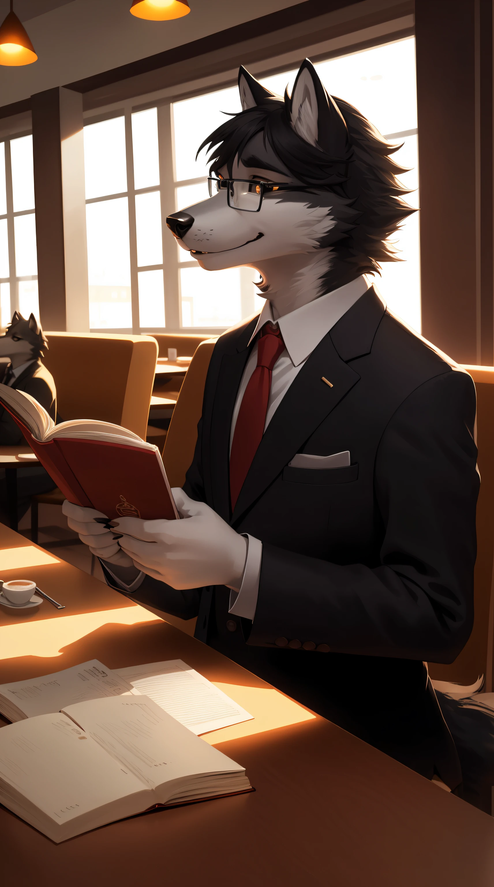 Wolf dog with black fur reads a book, kawa, eye glass, Bitchsuit, mobs'Handsome profile in restaurant S, Beautiful light and shadow、Dining atmosphere lighting effects 、Ultra-fine fur、Volumetric light is very detailed,Finest quality furry art