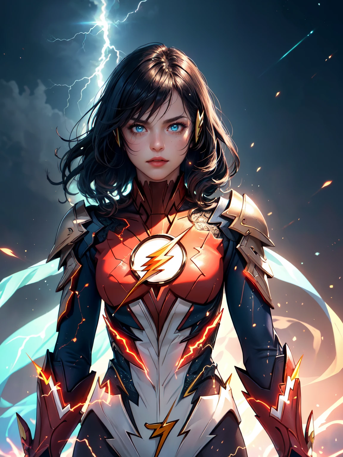 ((masterpiece)),(best quality), ((mature 1woman)), ((intricate clothes, perfect body)), ((cinematic)), dynamic:1.2, particles:1.2, (pastel:1.2), (intricate cinematic background:1.2), (depth of field), (action movie), amazing, ((dramatic scene from movie)), powerful, realistic light, (((Gaussian blur:1.2))), (ultra realistic:1.3), ((bloom effect:1.2, soft lighting)), The birth of Creation,   ((energetic and colorful streams of light in an epic galactic sky on background)), with professional color grading, soft shadows, no contrast, clean sharp focus, nebula, UHD, HDR, 16K, knight, armor, ((blue glowing lightnings)), (the flash inspired:1.5), (ultra glowing eyes with lightnings:1.3), (goddess of speed), (epic look), detailed face, perfect hands, (((intricate detailed clothes))), (3d artstyle:1.2)