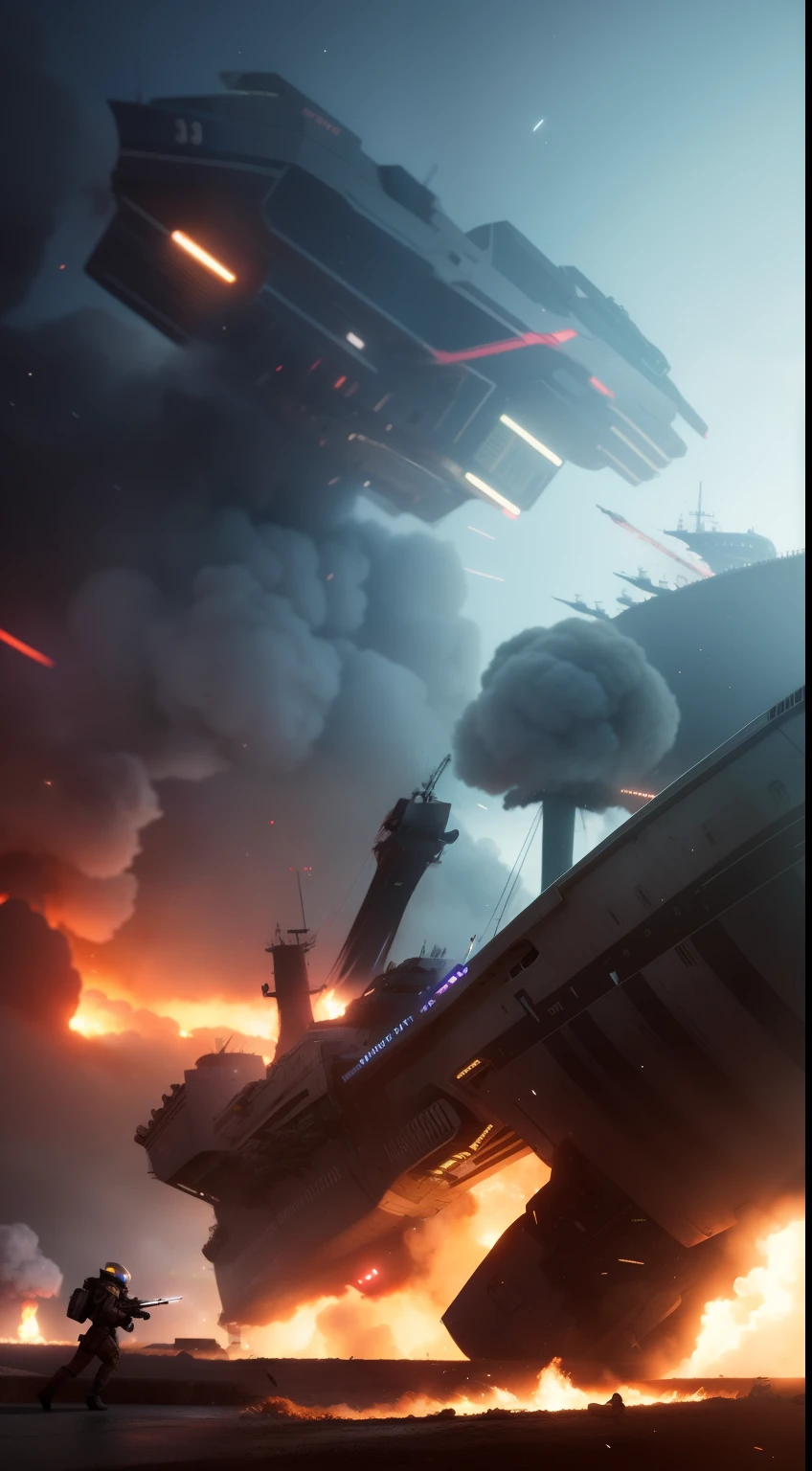 Cinematic battle space scene of humans amid gunfire, blasts, Giant ships, Destruction and volumetric lighting. The is very detailed.)