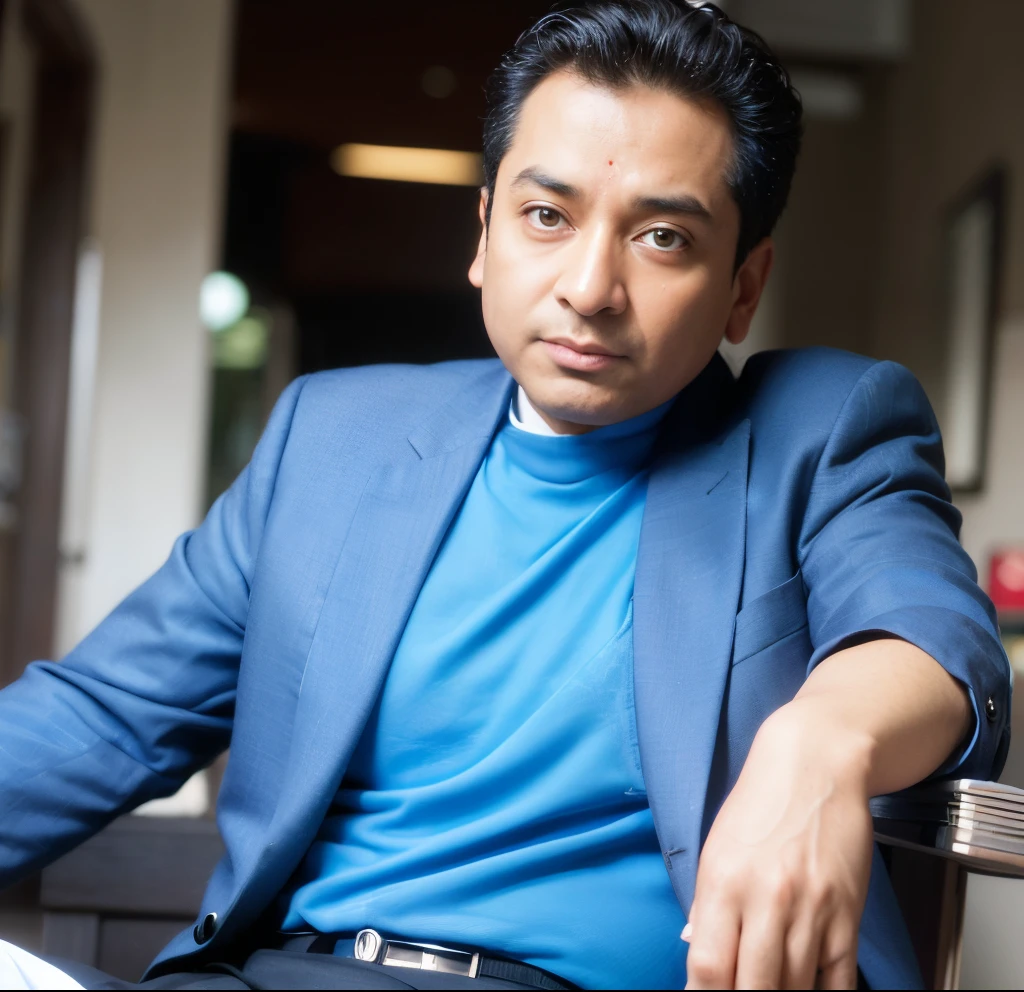 arafed man in blue jacket sitting on a chair with his hands on his knees, inspired by Rajesh Soni, inspired by Narayan Shridhar Bendre, inspired by Bikash Bhattacharjee, mogul khan, an artistic pose, inspired by Shekhar Gurera, by Jitish Kallat, actor, roguish smirk