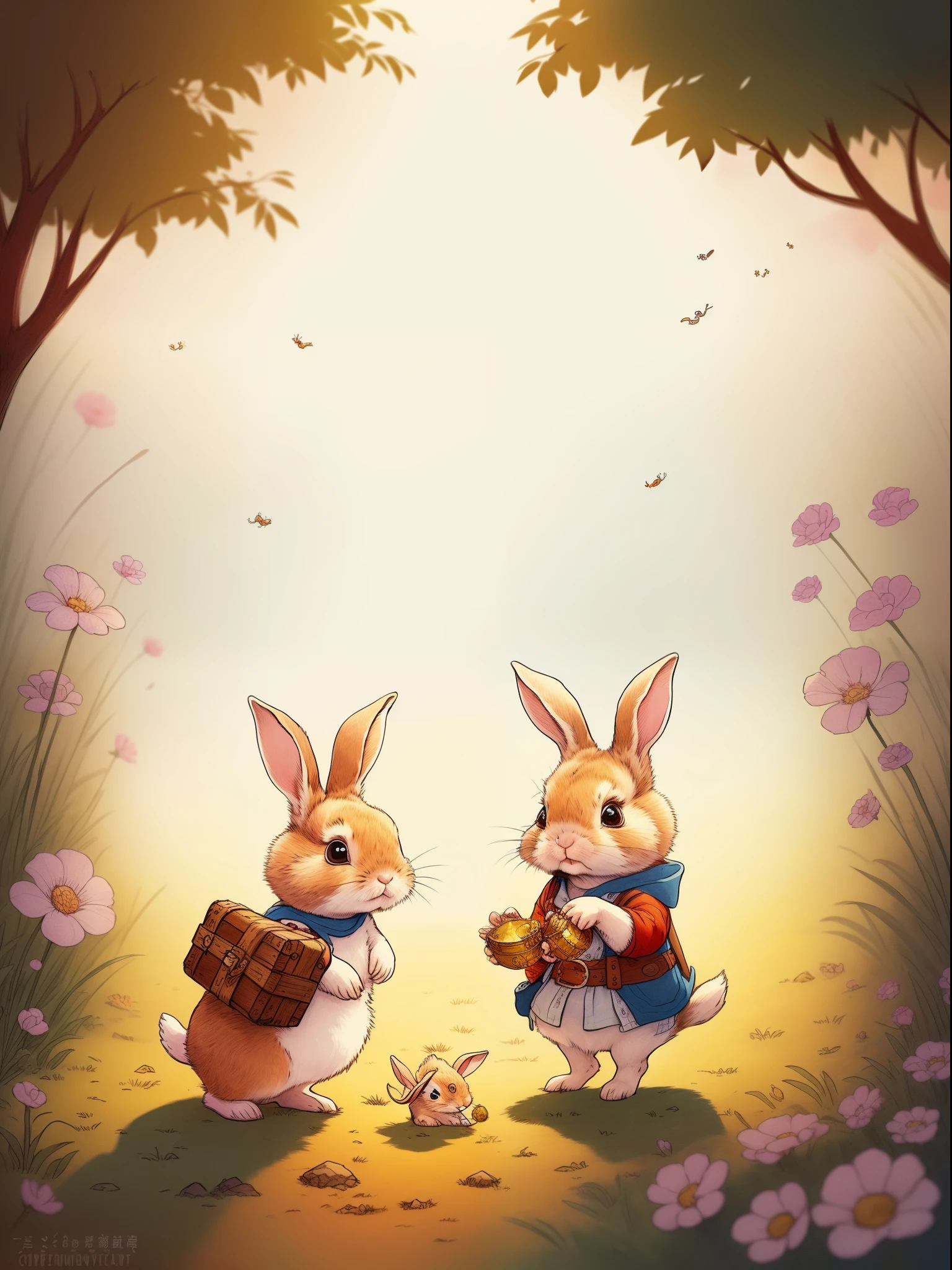 The little rabbit found the treasure,But it discovered that the treasure was not gold or silver,But friendship and courage。Continuous shots,Cinematic immersion,Sense of story,children's picture book,??? story,high saturation color,Color illustration