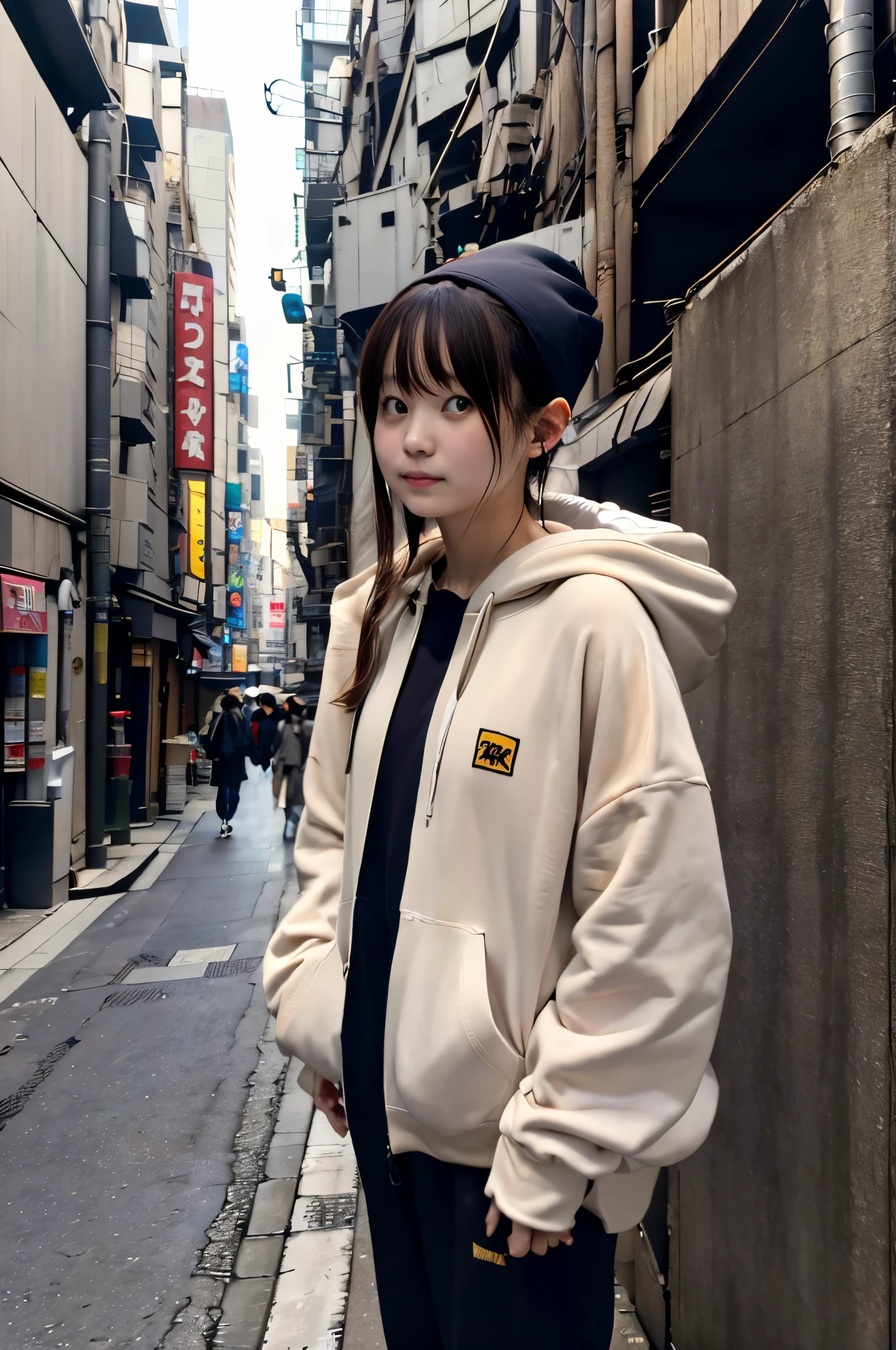 Shibuya, Back alley, vending machine on the background, wearing a hoodie on his head, From  above, (8K, Raw photo, Best Quality, masutepiece:1.2), A girl in her 20s with headphones around her neck