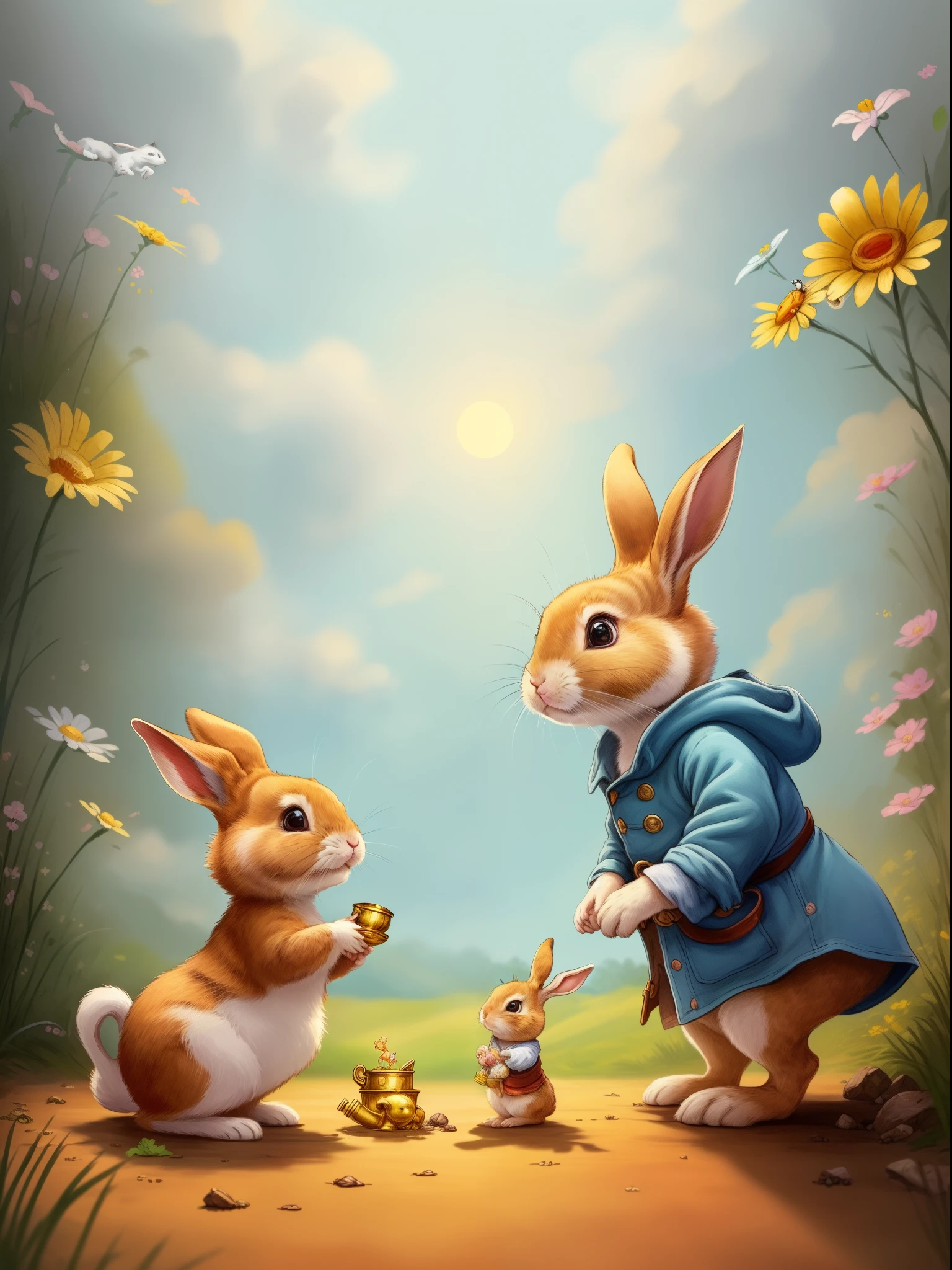 The little rabbit found the treasure,But it discovered that the treasure was not gold or silver,But friendship and courage。Continuous shots,Cinematic immersion,Sense of story,children's picture book,kid story,high saturation color,Color illustration