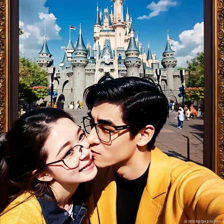 Taking a selfie with a Disney Pixar poster。The girl is wearing a black down jacket, brown hair in a ponytail, and glasses.。The boy next to her is kissing the girl on the right cheek and has black hair and is wearing a black sweatshirt.。