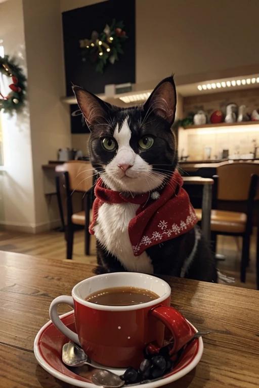 melhor qualidade, fundo detalhado, , mar, cafeteria, bird, neve, inverno, orelhas de gato preto, de noite, Christmas clothes and Christmas decoration