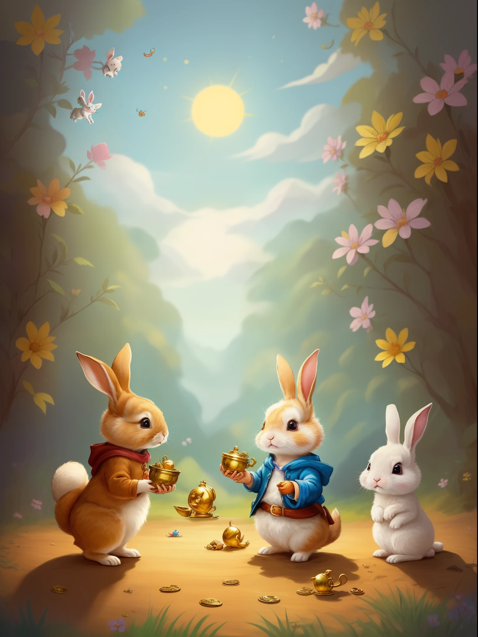 The little rabbit found the treasure,But it discovered that the treasure was not gold or silver,But friendship and courage。Continuous shooting,Cinematic immersion,Sense of story,Children's picture book,children's story,High saturation color,colorful illustrations