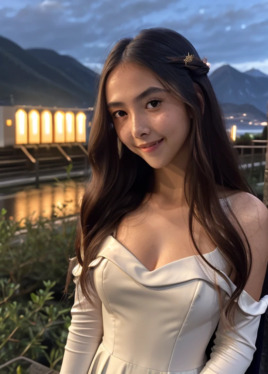 masterpiece, best quality, julia fe,  1girl, solo, long hair, looking at viewer, blush, smile, negative space, (bioluminescence:1.2), darkness, dark background, long sleeves, dress, bare shoulders, medium breasts, very long hair, wide sleeves, cape, white dress, circlet