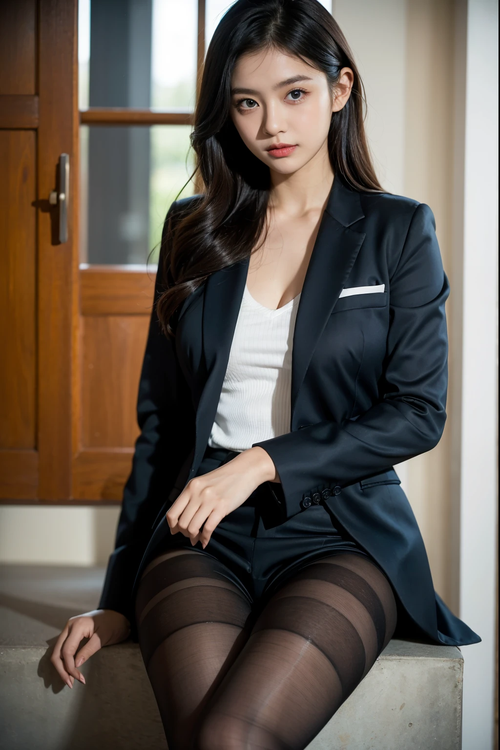 (Best quality, 8k, 32k, Masterpiece, UHD:1.2), Japanese beauty photos .Skirt、short coat、bottom body close up、View from behind、Very low camera angle(Elevation angle 85 degrees).Slouched.Panties in a skirt.She turns around and looks.Detailed face rendering.Serious expression.Her gaze is fixed on the camera. (Sensual gaze on the photographer, lips slightly open).(reality).Raw photo.Perfect Anatomy.Sensual beauty.A Japanese Lady(40 years old). She is climbing the stairs.(Tight-skirted business suits).