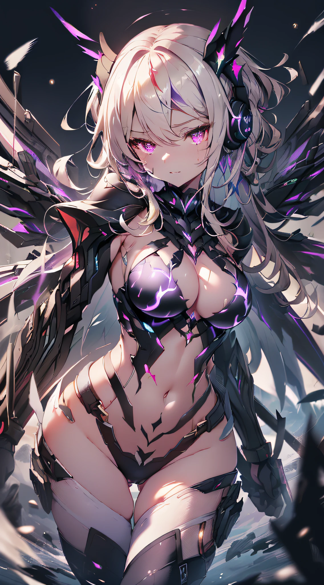 top-quality、Top image quality、​masterpiece、girl with((White suit、glowing mechanic suit、18year old、teen ager、cute little、Best Bust、big bast,Beautiful shining purple eyes、Breasts wide open, a blond、Longhaire、A slender,Large valleys、belligerent movements,sharp claws、sniper rifles、head phone、black bright wings、fighting poses、being filmed、splatters、Feeling of sprinting)),hiquality、Beautiful Art、Background with((Space Battlefield)))、Depth(planet earth）,masutepiece、depth of fields,Cinematic style