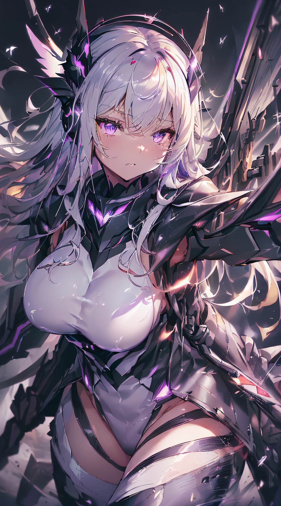 top-quality、Top image quality、masterpiece、girl with((White suit、glowing mechanic suit、18year old、r、cute little、Best Bust、big bast,Beautiful shining purple eyes、Breasts wide open, a blond、Longhaire、A slender,Large valleys、belligerent movements,sharp claws、sniper rifles、head phone、black bright wings、fighting poses、being filmed、splatters、Feeling of sprinting)),hiquality、Beautiful Art、Background with((Space Battlefield)))、Depth(planet earth),masutepiece、depth of fields,Cinematic style