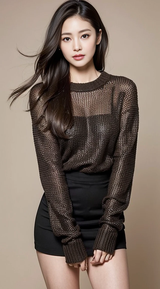 (masterpiece, highest quality), japanese mature, (alone), 60 years old, (wrinkles around the eyes:1.45), big breasts, mature woman, Glamour, Sexy, pure white skin, looking at the viewer、super big breasts、(long hair)、small diamond necklace、earrings、(((Detailed red knit turtleneck sweater, Black leggings)))、high heels、smile、Public place、cross your legs、sit on a chair、full body photo、