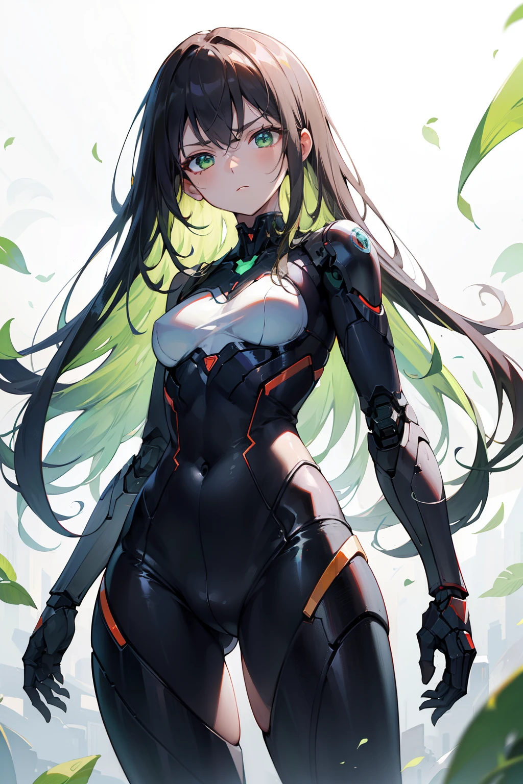 (masterpiece), best quality, ultra high res, sharp focus, (white flat background:1.2), a gorgeous humanoid female, robot skin, (green eyes), brown long hair, looks down, avoid to look at the viewers, serious face