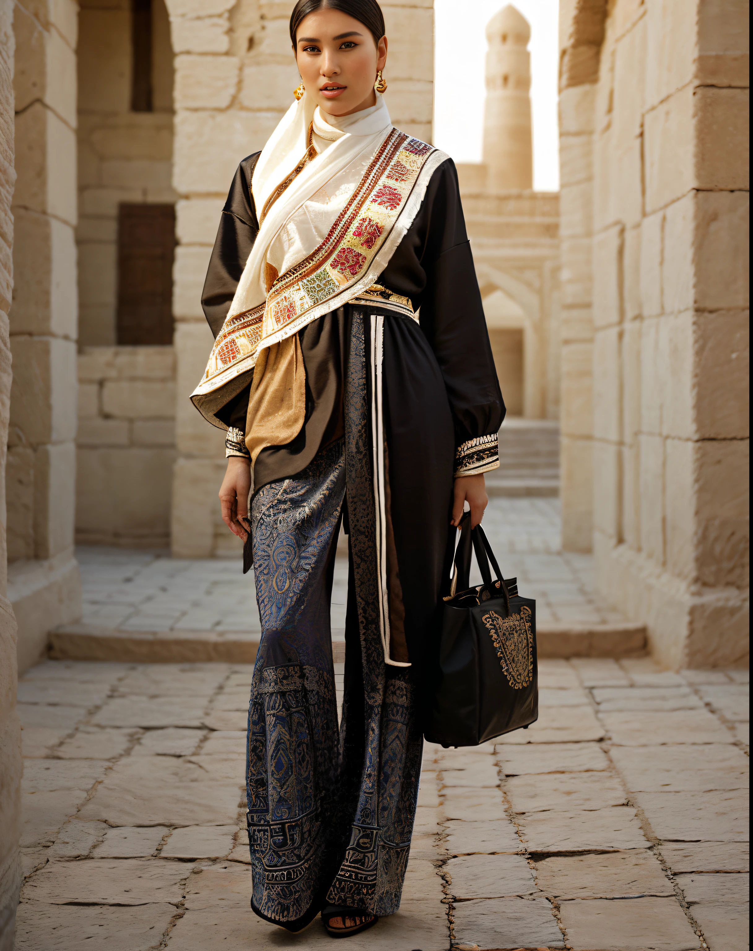 haute couture, A hyper-realistic, dress in the style of the Ark Fortress, ancient citadel in Bukhara, Uzbekistan, material with a traditional pattern or with designs in the spirit of the works of artists of that time: At the same time, clothing models may relate to those times, so be quite modern, Photorealistic, Real hands
