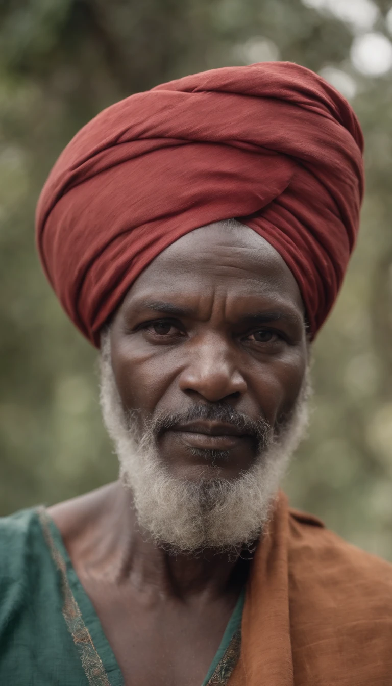 Velho africano, 90 anos, (((muitas rugas))), graves, barba por fazer, turbante colorido