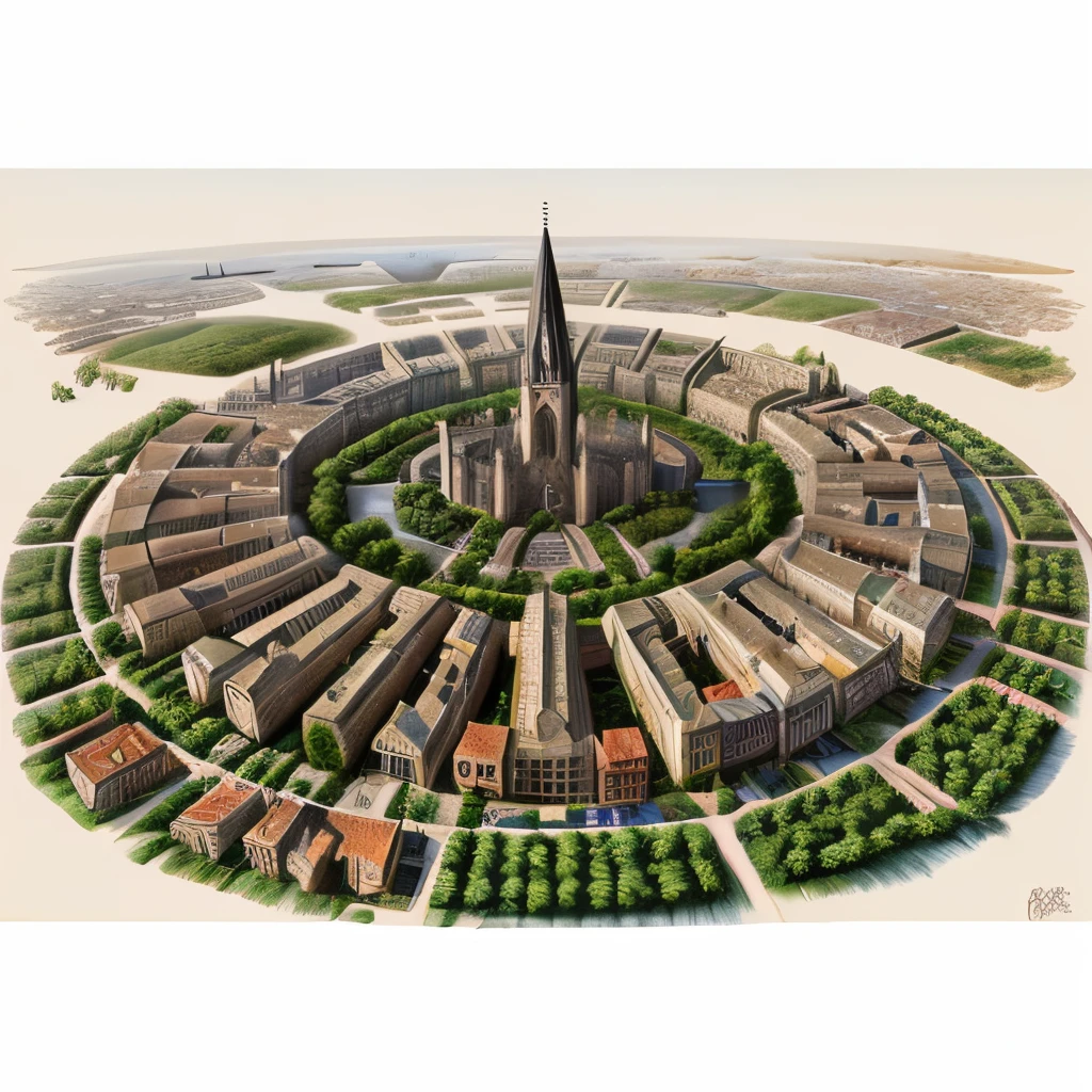 Draw an aerial view of a huge medieval city, in the morning, extremely detailed