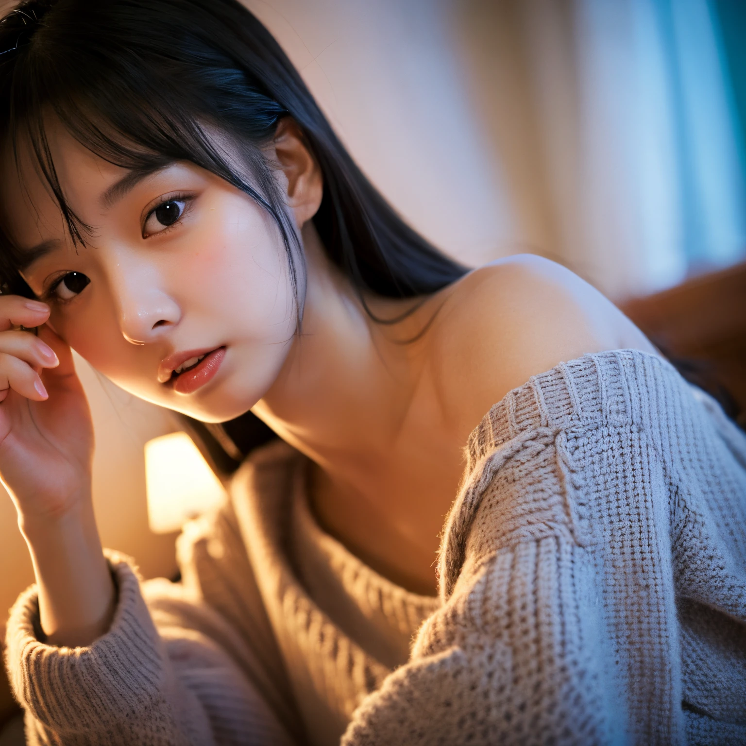 masutepiece, Best Quality, 8KUHD, Realistic, 1girl in, Young Sensual Gravure Idol、Correct human finger, (japanaese girl), Cute, Girly, Delicate girl, Neat and clean beauty, 1womanl, Solo,A detailed face, (Drunken eyes ), (embarrassed :1.2),1girl in, 25 years old, Bedrooms,Sleeping in bed, off-the-shoulder sweater, High resolution、(detailed facial features), Lying,(depth of fields, Portrait), Upper body, ((Small breasts)),((Dim light)),((Film grain)), ((SLR camera)),(( 35mm lens focal length)), (( Open mouth)), (( half-open eyes))