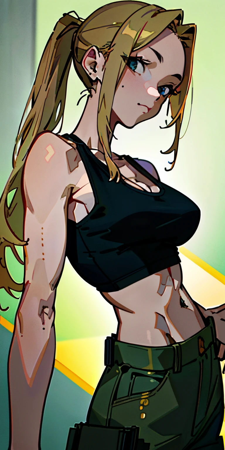 (Best Quality), (masuter piece), (High resolution), (in 8K), (Extreme Detail), (Best Illustration), (beautiful detail), (Sharp eyes),a blond、poneyTail、Her bangs are parted and her forehead is visible.....、jillvalentine、Black tank top、Cargo pants、Military equipment、Realistic fantasy rendering, Realistic anime girl rendering, (Big Breast) popular in CGSTATION, 4K、highlight in eyes、（Background with、garage）