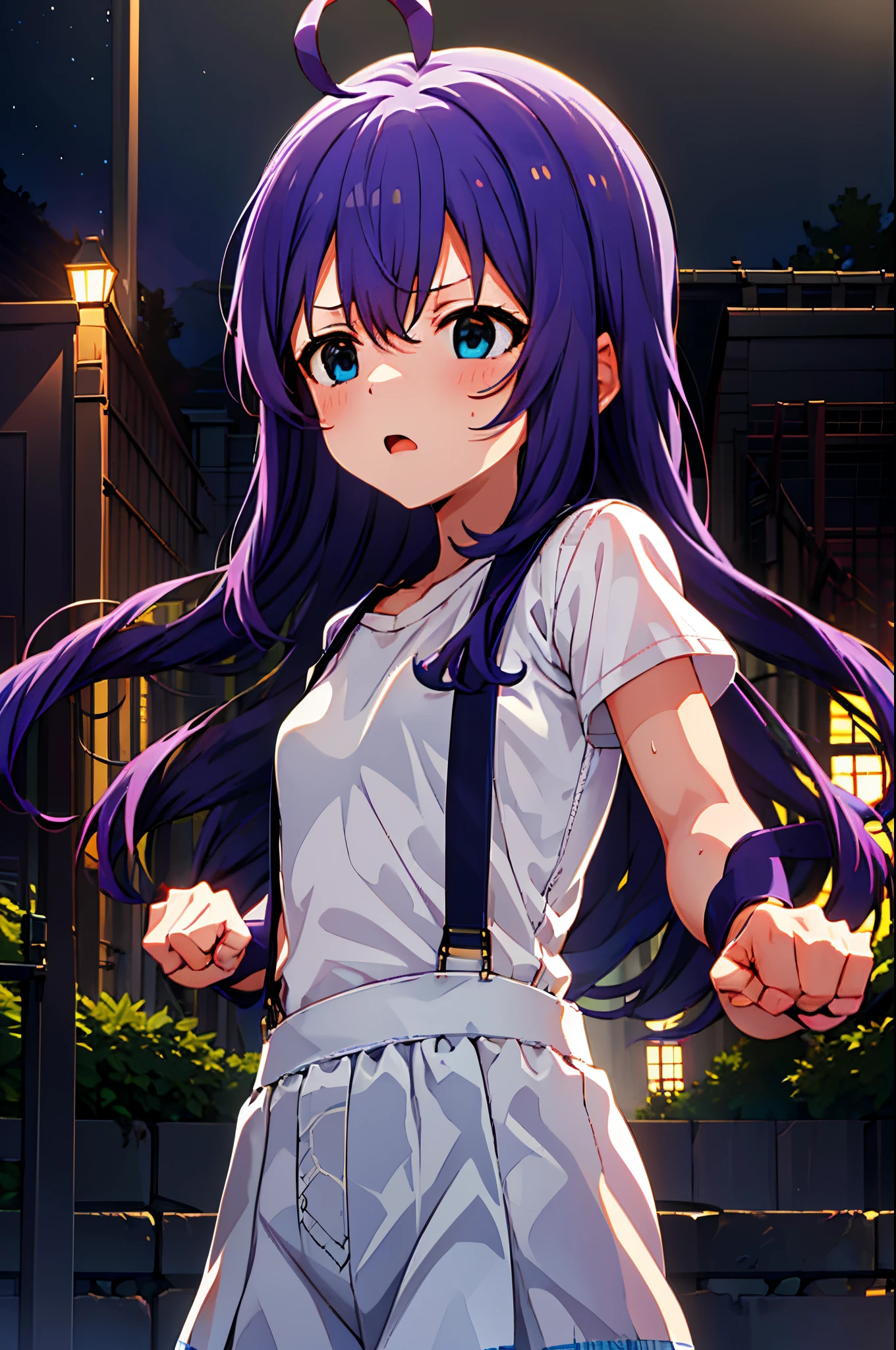 {{{{{mochizuki anna}}}}},1girl,solo,long hair,purple hair,small_ahoge,blue eyes.short stature.white t-shirts.suspenders.skirt.(((masterpiece))).(((best quality))).((ultra-detailed))).(((illustration))).night view.small Breasts.fighting stance.Clench your fists