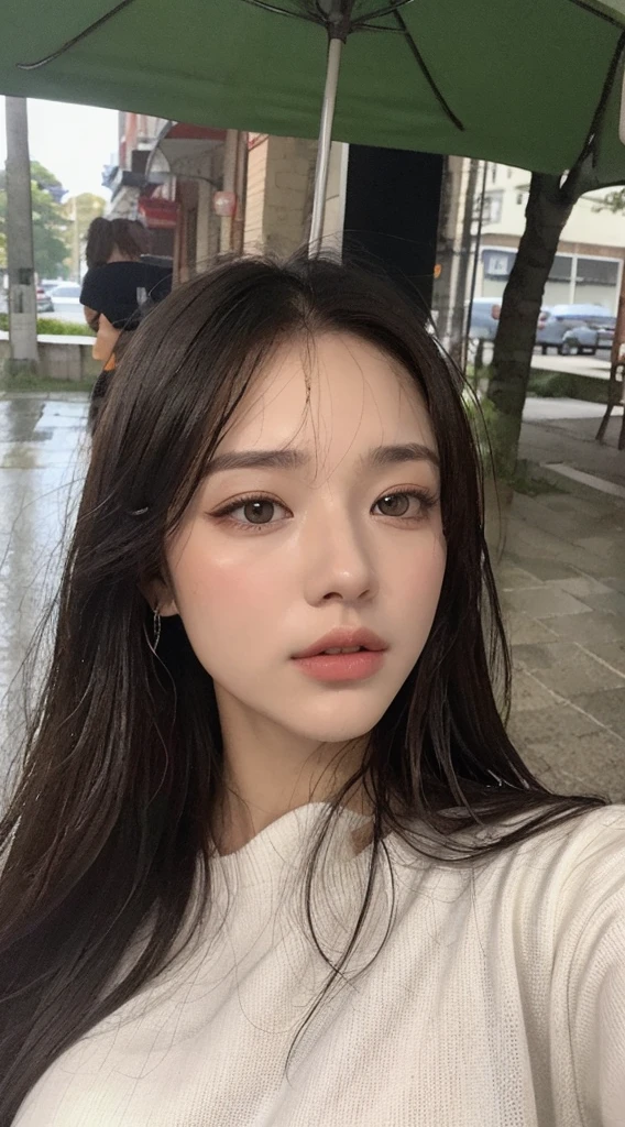 ((beste-Qualit, 8K, Masterpiece: 1.3)), Sharp: 1.2, perfect body beauty: 1.4, Thin abdomen: 1.2, ((Long hair, big breasts: 1.2)), (Wet white long sleeve shirt: 1.1), (rain, road: 1.2), wet: 1.5, Highly detailed faces and textures, highly detail eyes, 二重まぶた, Side faces look at the camera.