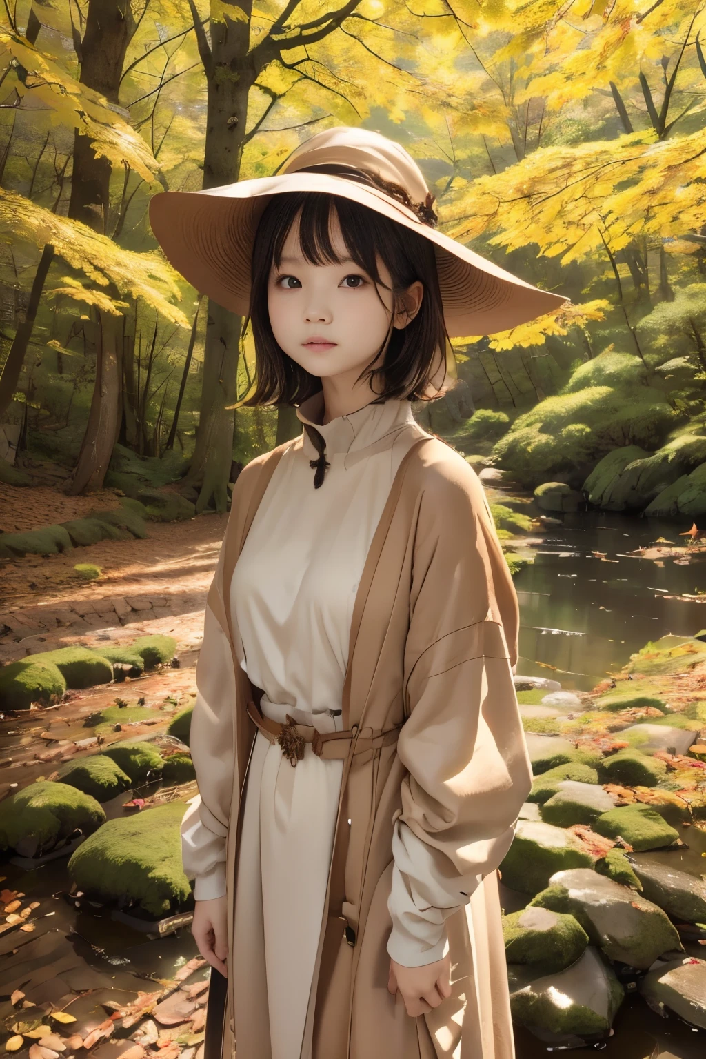 masuter piece、独奏、 woman、short-cut、Natural color clothing、Natural look、top-quality、ultra-detailliert、High quality detailing、8k、Colored leaves:1.5、deep autumn forest、Tree leakage day、Silence