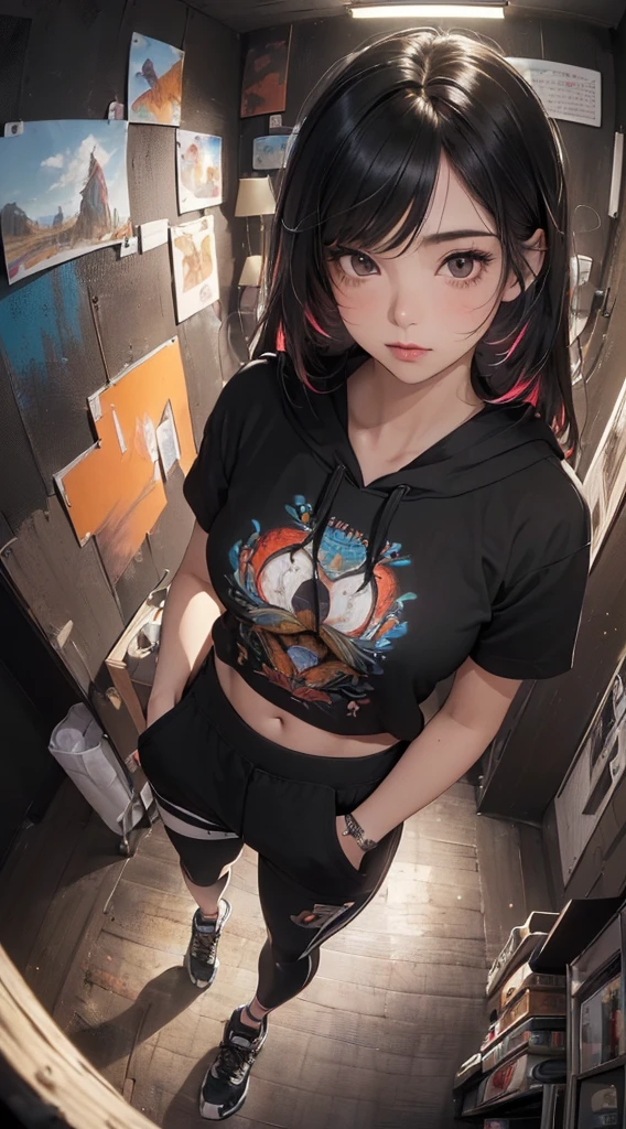 (((8k wallpaper of extremely detailed CG unit:1.2, ​masterpiece, hight resolution:1.2, top-quality:1.2, masutepiece))), ((a very beautiful woman, Hands in pockets:1.8, wearing a short sleeve hoodie:1.2, Wearing leggings, Wearing sneakers)), ((extra detailed face, Highly detailed black eyes, extra detailed body, Top quality real texture skins)), (A dark-haired, length hair, de pele branca, Small, Exposed belly), ((colorfully painted wall)), (high-angle, Fisheye:1.3), hyper realisitic, digitial painting,