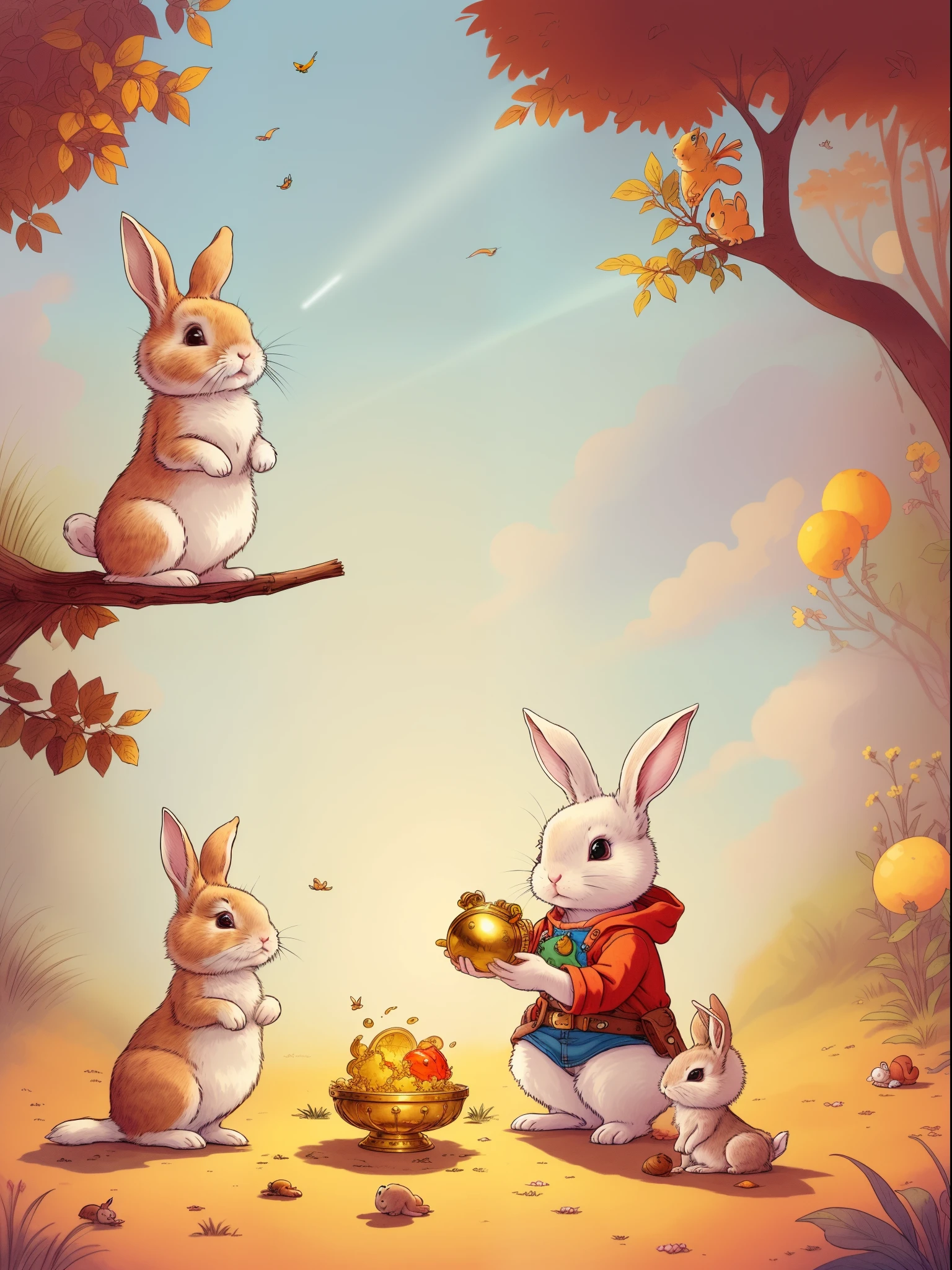 The rabbit understands the real treasure,Continuous shooting,Cinematic immersion,Sense of story,Children's picture book,children's story,High saturation color,colorful illustrations