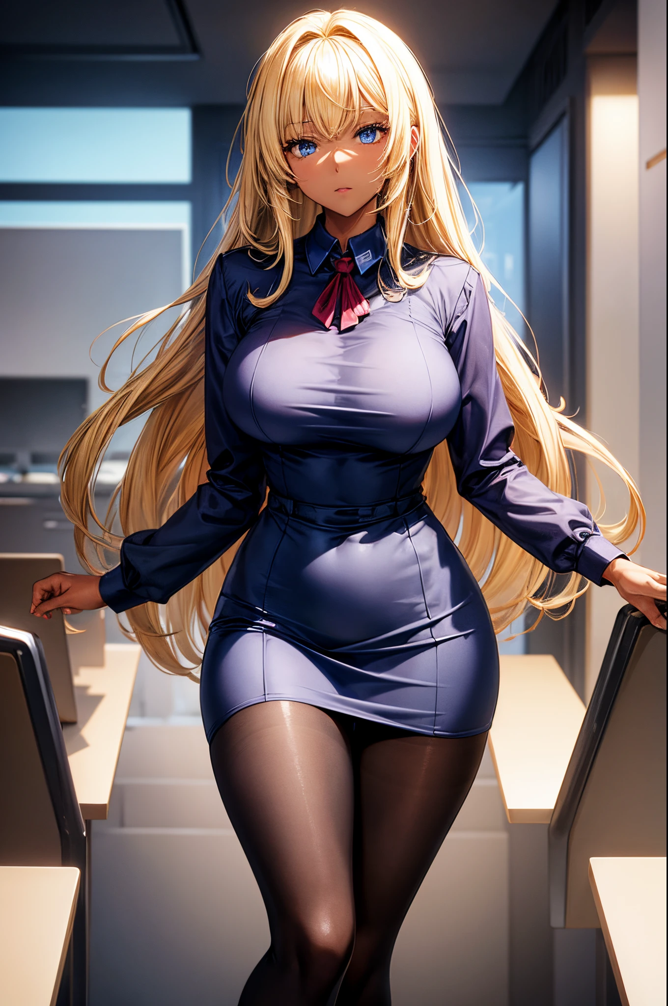 Female, hime cut Blonde hair, Blue eyes, dark brown skin, large breasts, wearing office lady uniform and tights.