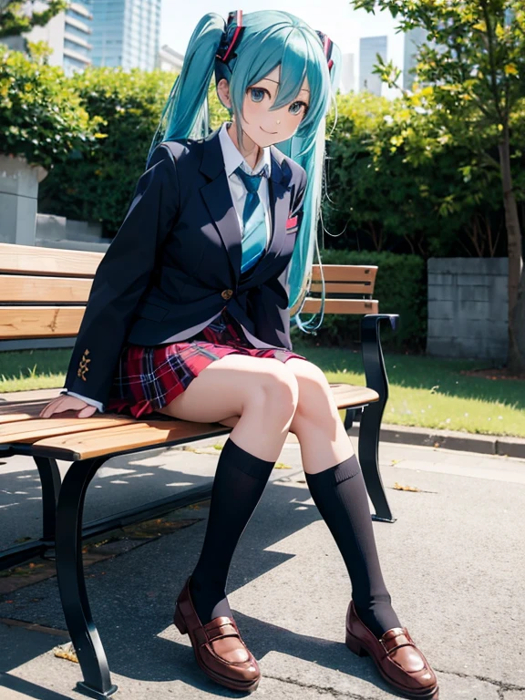 miku hatsune,masutepiece, Best Quality, hight resolution, Blue tie, Collared shirt, Red Blazer, Red jacket, Long sleeves, plaid skirts, Pleated skirt, Black socks, Sitting, Benches, crossed legs, Outdoors, Serious,look into my eyes and smile,Beautiful breasts