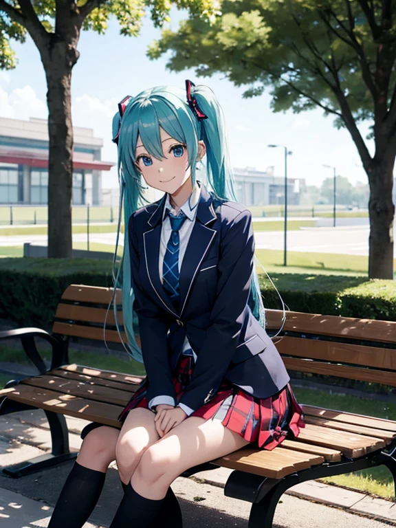 miku hatsune,masutepiece, Best Quality, hight resolution, Blue tie, Collared shirt, Red Blazer, Red jacket, Long sleeves, plaid skirts, Pleated skirt, Black socks, Sitting, Benches, crossed legs, Outdoors, Serious,look into my eyes and smile,Beautiful breasts