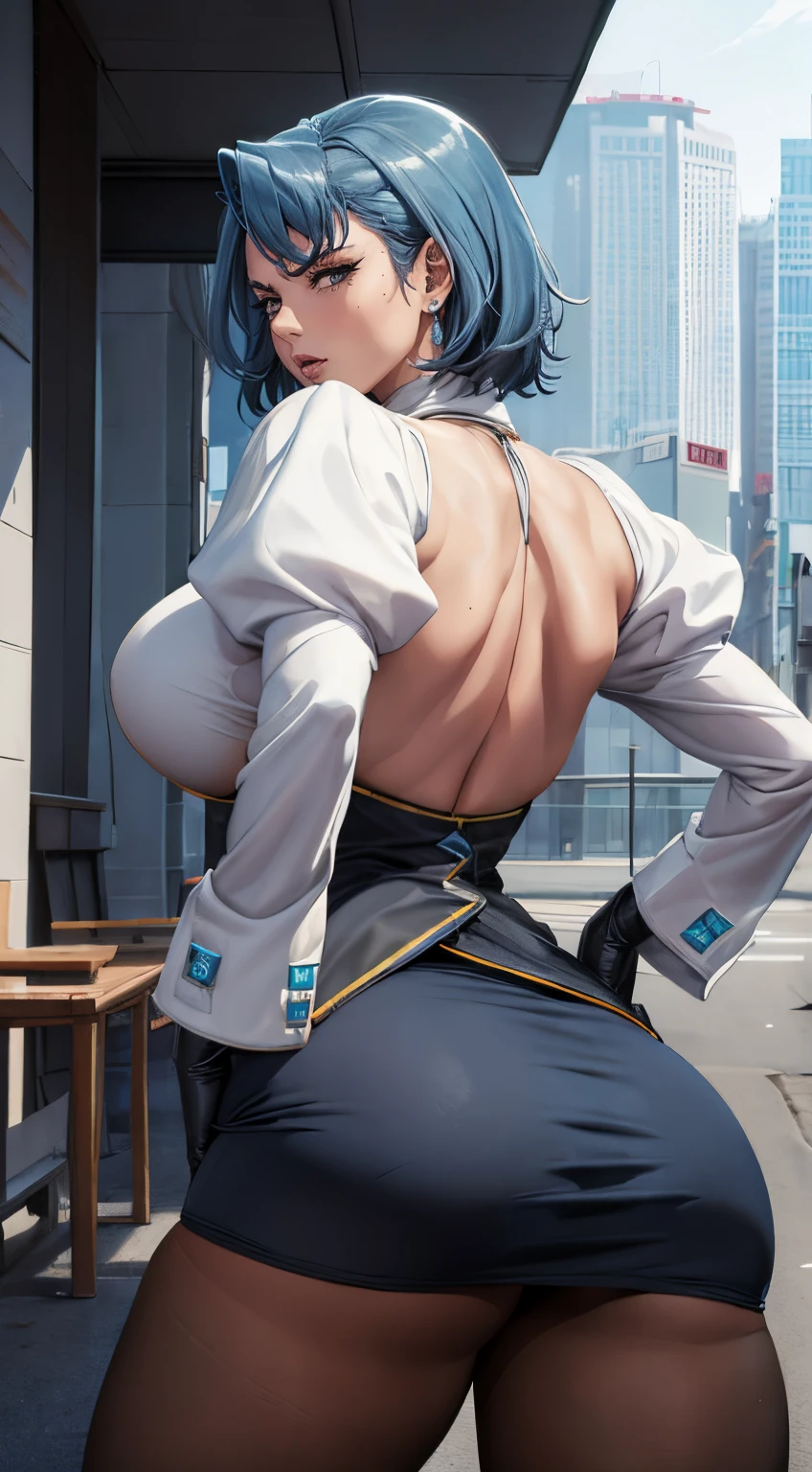 (tmasterpiece, Best quality at best:1.2), cow boy shot, Alone, 1个Giant Breast Girl, Avranziska, Unhappy, looking at viewert, hand on hips, Blue hair, ascot, Fluffy sleeves, pencil skirts, lacepantyhose, Black gloves, jewely, 耳Nipple Ring, huge tit, Crazy swollen breasts, The breast is larger than the shoulder blade, Thin waist and thick legs, Pelvis larger than shoulder blades, Fitness model, Ruddy cheeks, Buttock augmentation, Big ass, Cocked buttocks, Look from behind, Look from behind, Rear perspective