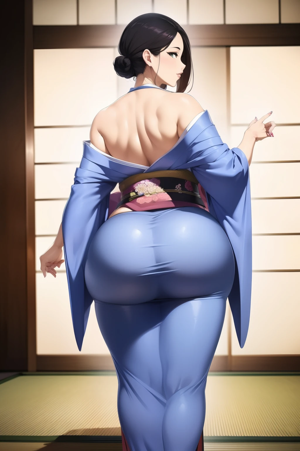 1womanl, (tmasterpiece: 1.3),Beautiful mature Japanese woman, detailed finger, beautiful hand, hyper realisitc, 1womanl, (Sagging breasts, Bewitching body: 1.2) brunette color hair: 1.1, Super detailed face, Detailed lips, Detailed eyes, 二重まぶた, Sexy low-cut neckline kimono, Open neckline, Sagging chest, Back pose, visible curves,full body1:1,Back pose,Huge ass,Show your ass,Huge ass,Show your ass
