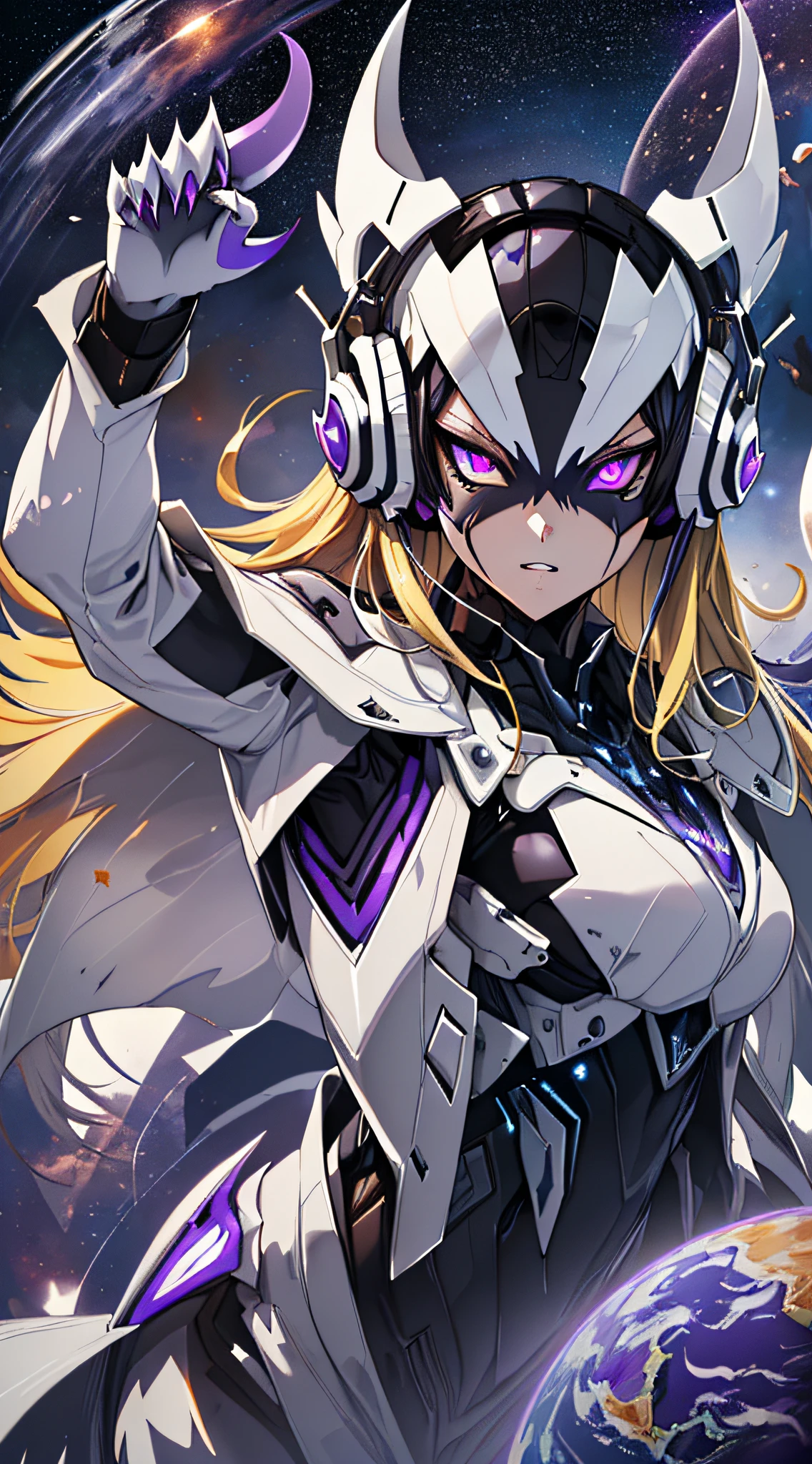 top-quality、Top image quality、​masterpiece、girl with((White suit、glowing mechanic suit、18year old、r、cute little、Best Bust、big bast,Beautiful shining purple eyes、Breasts wide open, a blond、Longhaire、A slender,Large valleys、belligerent movements,sharp claws、With sniper rifle、head phone、black bright wings、fighting poses、being filmed、splatters、Feeling of sprinting)),hiquality、Beautiful Art、Background with((Space Battlefield)))、Depth(planet earth）,masutepiece、depth of fields,Cinematic style