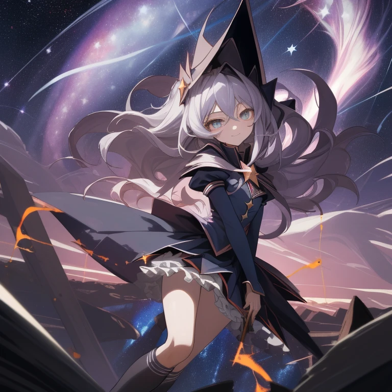 ((masterpiece)), (((best quality))), ((ultra-detailed)), ((illustration)), ((disheveled hair)), beautiful detailed eyes, (1girl:1.2),(solo), dynamic angle, dark magician girl,(black kneehighs:1.1),(starry tornado:1.4), starry Nebula, ((frills)), beautiful detailed sky, beautiful detailed eyes,evil smile, expressionless,hairs between eyes,  white  hair,pleated skirt,((disreveled hair))