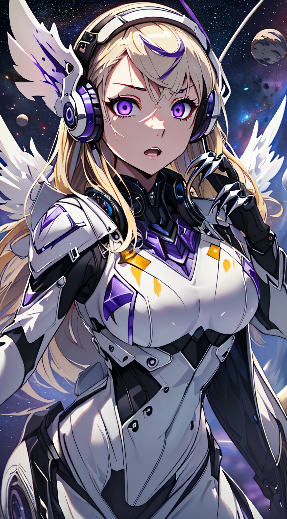 top-quality、Top image quality、​masterpiece、girl with((White suit、glowing mechanic suit、18year old、teen ager、cute little、Best Bust、big bast,Beautiful shining purple eyes、Breasts wide open, a blond、Longhaire、A slender,Large valleys、belligerent movements,sharp claws、With sniper rifle、head phone、black bright wings、fighting poses、being filmed、splatters、Feeling of sprinting)),hiquality、Beautiful Art、Background with((Space Battlefield)))、Depth(planet earth）,masutepiece、depth of fields,Cinematic style