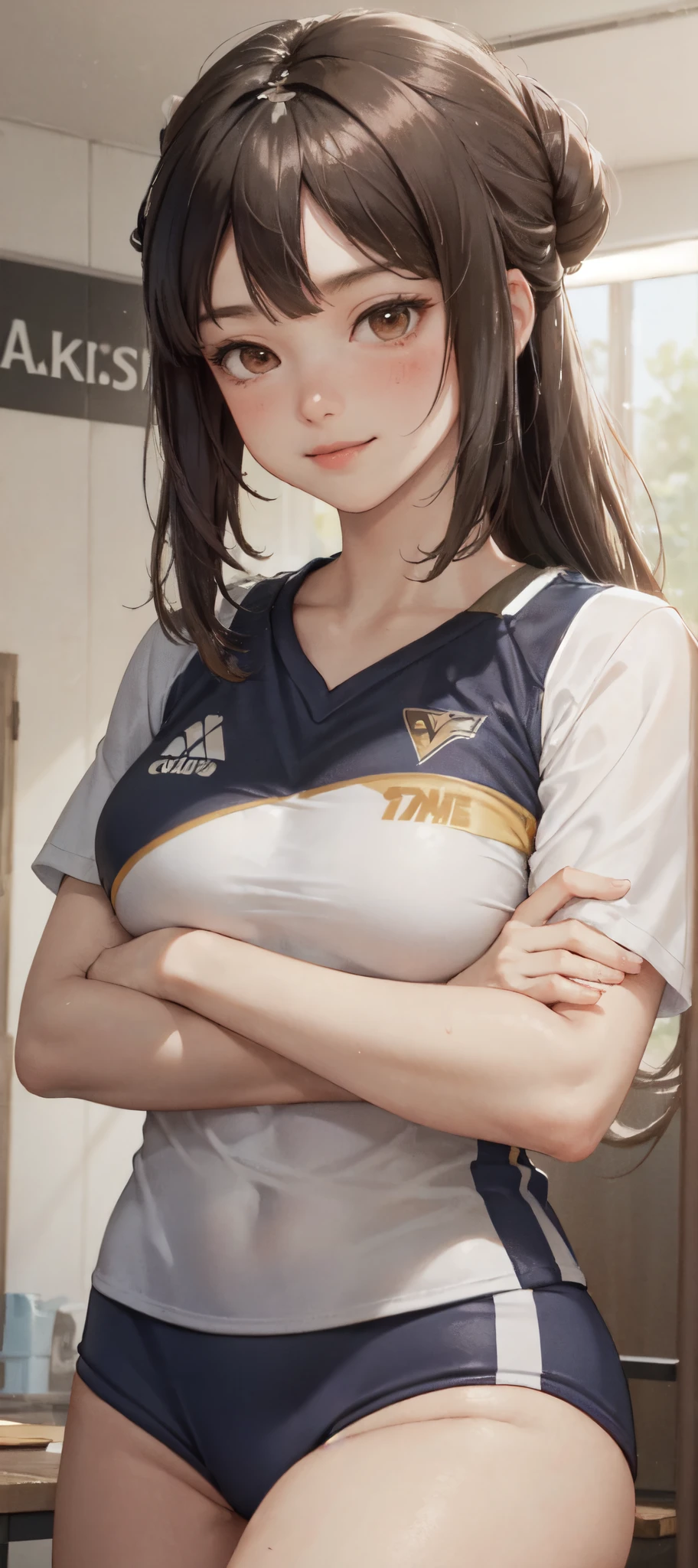 1lady solo, /(volleyball uniform/), /(dark brown hair/) bangs, blush light smile, (masterpiece best quality:1.2) delicate illustration ultra-detailed, BREAK /(volleyball court indoors/)