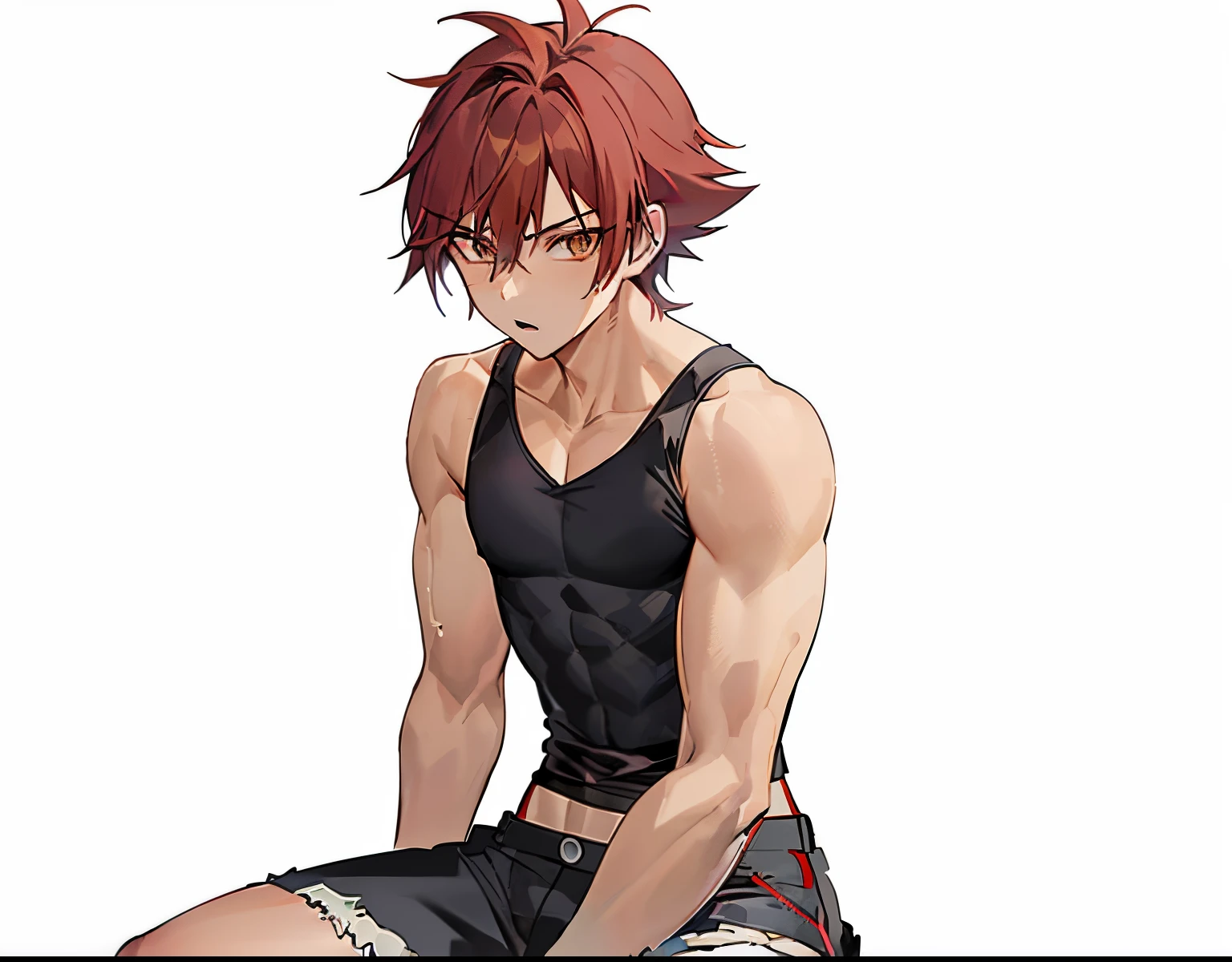 Red haired anime boy sitting on floor with legs crossed, Anime Boy, anime style character, garments:Black tank top, boy wearing denim shorts, In anime style, anime styled, Anime style, Muscular men, Knight of Zodiac Boy, with short red hair standing on end,, In an anime style, masculine and muscular, Bare arms, Bare shoulders,