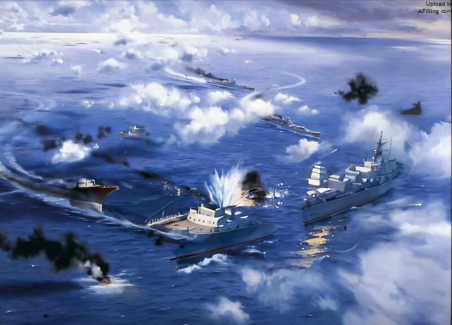 Painting of a destroyer surrounded by smaller ships in the ocean,oda'There's a lot of fire coming out of it,Behind are several small warships and fishing boats, Realistic warship design, destroyer, epic naval battle, warships, naval battles,fishing boat,small boats,naval background, Stunning wallpapers, naval battles, naval battles, naval battles, beautiful high resolution, cg art, cancolle, beautiful wallpaper