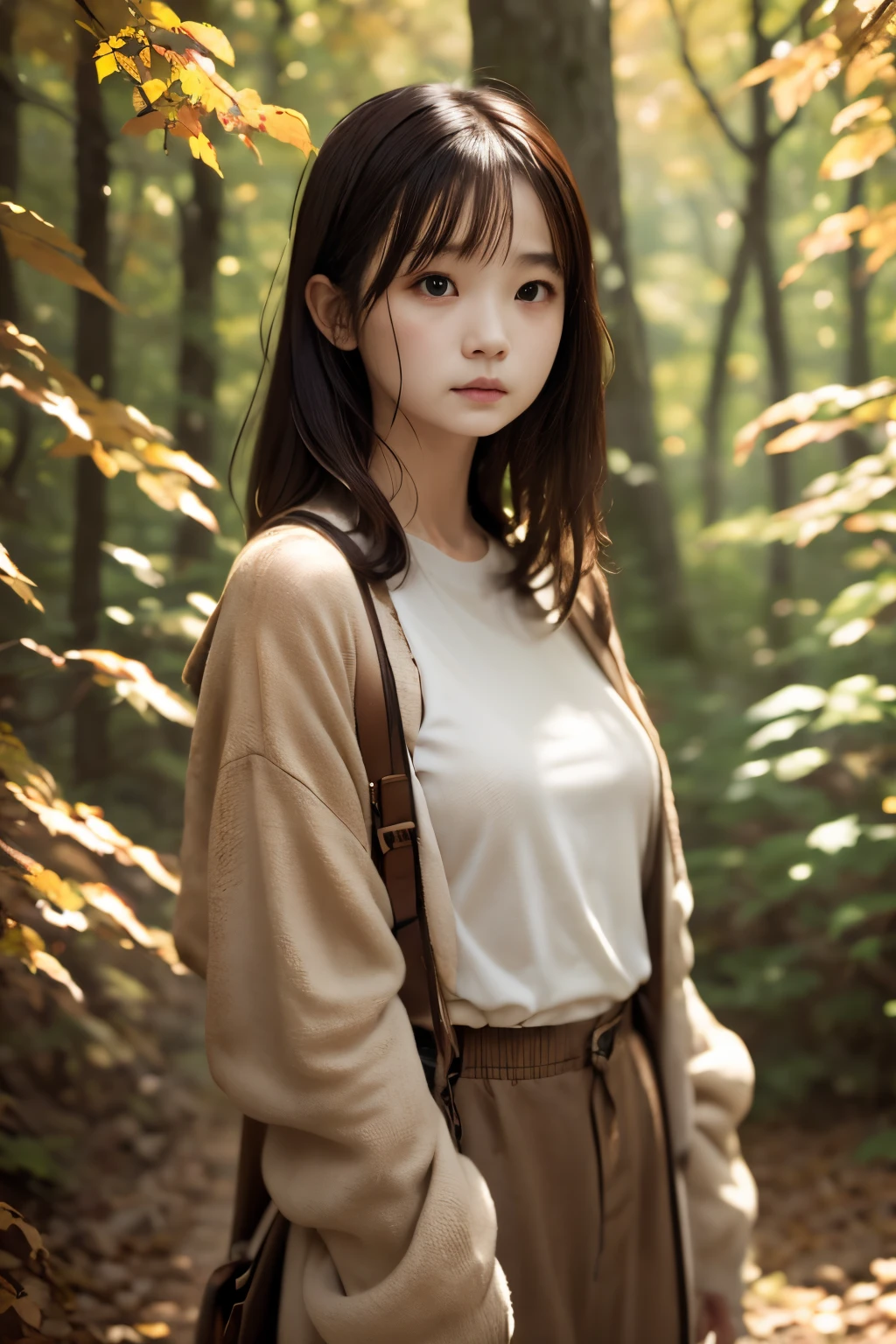 masuter piece、独奏、Little woman、short-cut、Natural color clothing、Natural look、top-quality、ultra-detailliert、High quality detailing、８ｋ、Colored leaves:1.5、deep autumn forest、Tree leakage day、Silence