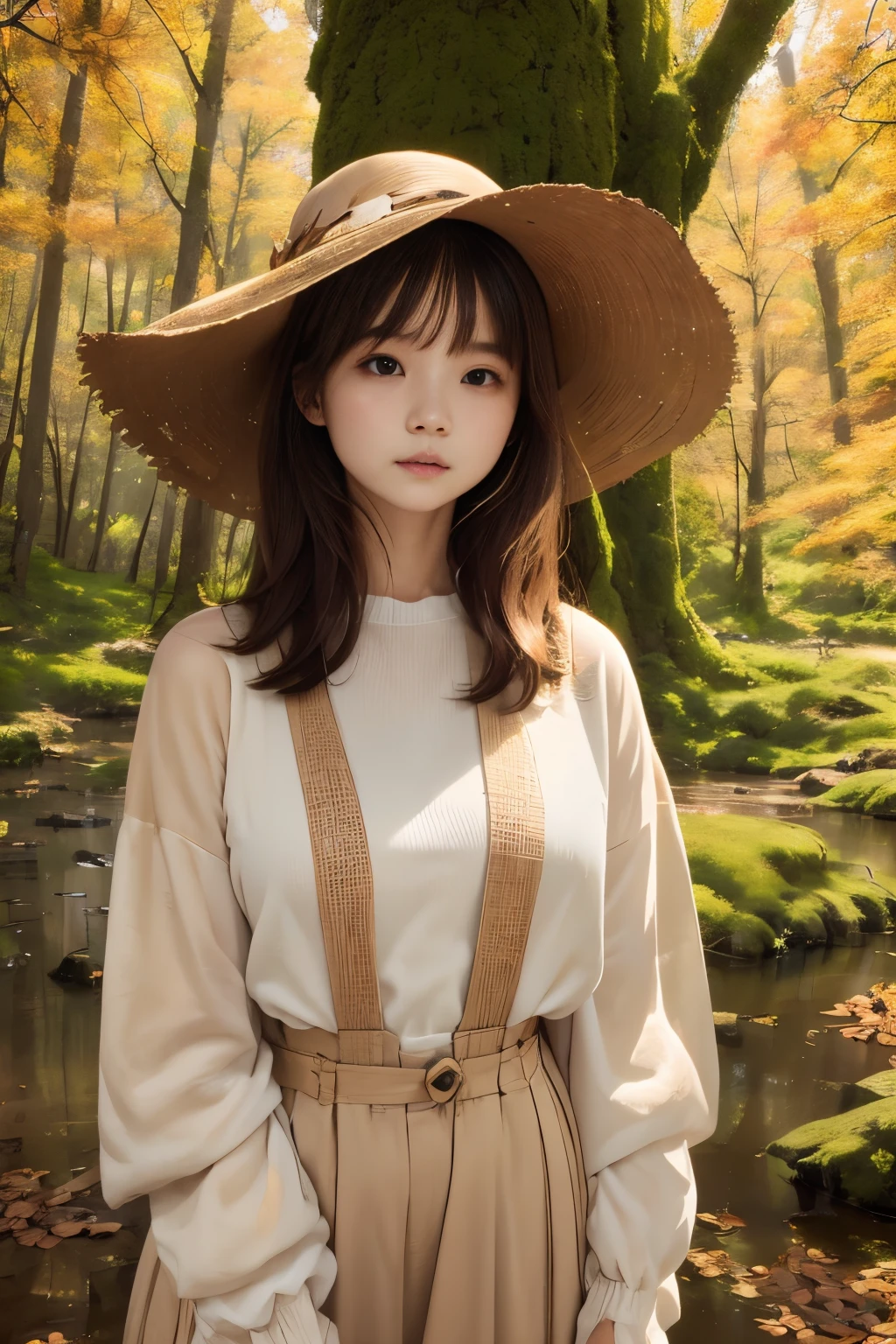 masuter piece、独奏、Little woman、short-cut、Natural color clothing、Natural look、top-quality、ultra-detailliert、High quality detailing、８ｋ、Colored leaves:1.5、deep autumn forest、Tree leakage day、Silence