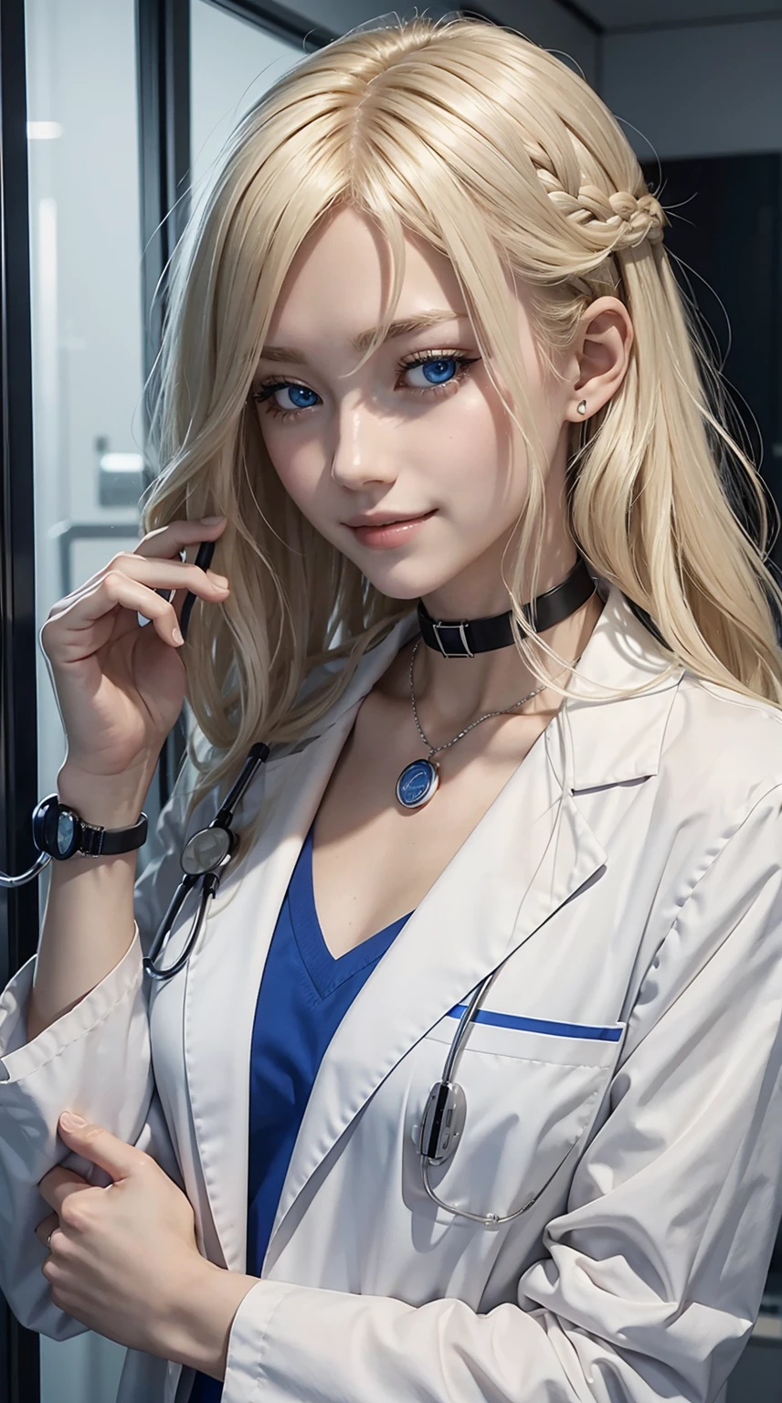25-year-old Caucasian woman、platinum-blonde、blue eyess、Semi-long、My hair is wavy、accessories on the wrist、wearing a choker、a smile、slim muscular body、I don't want my head to disappear from the screen.、wearing lab coat、Naked in a lab coat、I'm wearing a stethoscope around my neck.、sleeping on the examination table