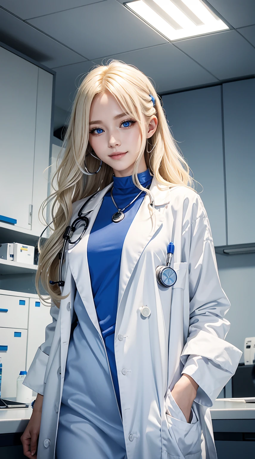 25-year-old Caucasian woman、platinum-blonde、blue eyess、Semi-long、My hair is wavy、accessories on the wrist、wearing a choker、a smile、slim muscular body、I don't want my head to disappear from the screen.、wearing lab coat、Naked in a lab coat、I'm wearing a stethoscope around my neck.、sleeping on the examination table